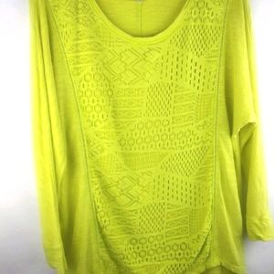 Anthro Chip & Pepper Neon Yellow Crochet Stretch 3/4 Sleeve Scoop Neck Tunic Top